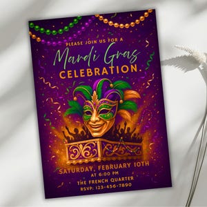 May include: A purple Mardi Gras celebration invitation featuring a gold mask, green and purple beads, and confetti. The invitation text reads "Please join us for a Mardi Gras Celebration" and includes the date, time, and location.