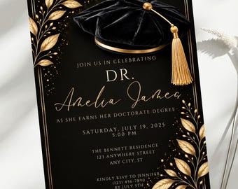 Doctoral Graduation Invitation, PhD Graduation Party Invite, Doctorate Celebration Invitation, Black Gold Editable 5x7 Canva Template