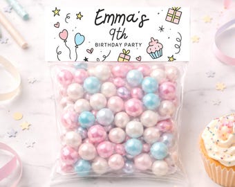 Editable Doodle Candy Bag Topper, Printable Treat Bag Topper, Pastel Party Favor Bags, Girl Birthday Favor Labels, Canva DIY Party Decor