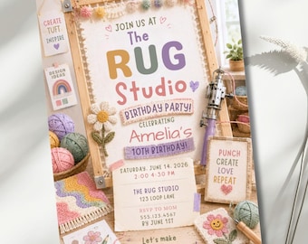 Rug Tufting Birthday Invitation, Rug Making Party Invite, Editable 5x7 Canva Template, Creative Craft Party DIY Art Girls Invitation