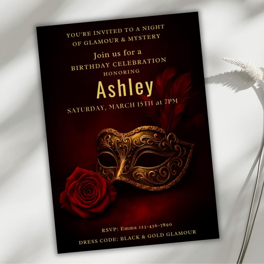 Ball Invite Masquerade Ball Invitation | Romantic Red & Gold Mask Invite | Elegant ...