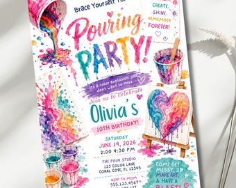 Paint Pouring Birthday Invitation, Paint Pour Party Invite, Editable 5x7 Canva Template, Girls' Acrylic Pour Art Party