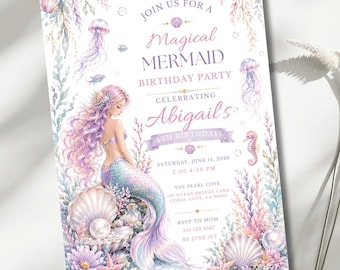 Mermaid Birthday Invitation, Under the Sea Party Invite, Editable Canva 5x7 Template, Ocean Theme, Girls Celebration