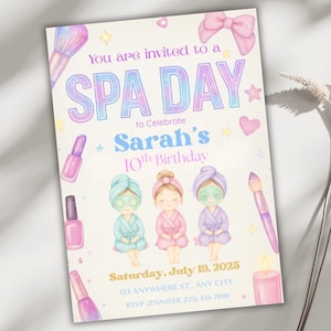 Spa Day Geburtstag bearbeitbare Einladung, Verwöhnparty Canva Vorlage, Mädchen 10.Geburtstag, 5x7 druckbare Einladung, sofortiger digitaler Download Evite