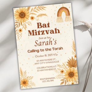 Boho Bat Mitzvah Invitation, Edytowalny Canva Template Evite, Wydrukowane Złote Kwiatowe Zaproszenie Pampas Grass, Jesienna Karta Mitzvah, Natychmiastowe Pobieranie