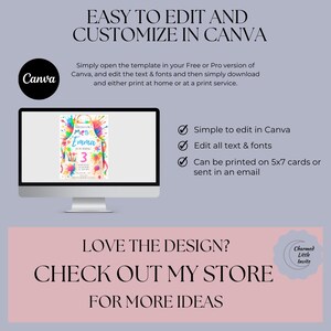 Puede incluir: Un monitor de computadora muestra una plantilla de invitaci&oacute;n colorida con el texto "Mes Emma 3" y salpicaduras de pintura. La imagen incluye instrucciones para editar y personalizar la plantilla en Canva, con opciones para imprimir o enviar el dise&ntilde;o por correo electr&oacute;nico. El texto "LOVE THE DESIGN? CHECK OUT MY STORE FOR MORE IDEAS" tambi&eacute;n es visible.