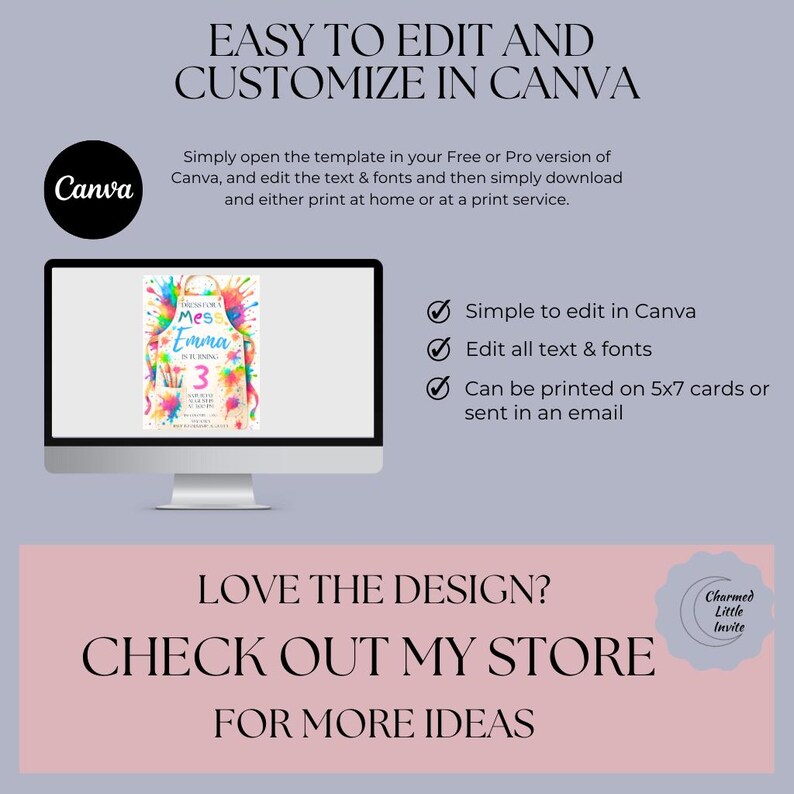 Puede incluir: Un monitor de computadora muestra una plantilla de invitaci&oacute;n colorida con el texto "Mes Emma 3" y salpicaduras de pintura. La imagen incluye instrucciones para editar y personalizar la plantilla en Canva, con opciones para imprimir o enviar el dise&ntilde;o por correo electr&oacute;nico. El texto "LOVE THE DESIGN? CHECK OUT MY STORE FOR MORE IDEAS" tambi&eacute;n es visible.