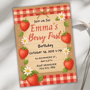 Invitation de premier anniversaire de baies, modèle Evite de toile de thème de pique-nique, invitation modifiable de partie de fraise, téléchargement numérique de premier anniversaire de fille