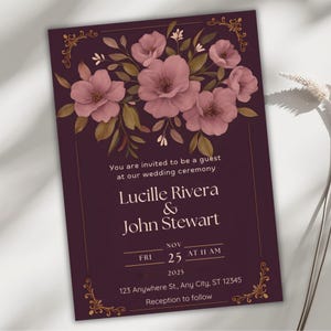 Faire-part de mariage prune et mauve, carte modèle élégante toile or violet floral Evite, invitation romantique automne, téléchargement numérique modifiable