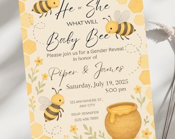 What Will Baby Bee Gender Reveal Invitation, Editable Honey Bee Canva Template, Digital Download, Printable Honeycomb Gender Neutral Evite