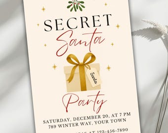 May include: Cream-colored Secret Santa party invitation with gold accents. The text includes "SECRET Santa Party" in a mix of fonts. A gift box with a gold bow and a "Santa" tag is featured. Additional details include the date, time, location, and RSVP information.