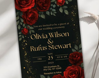 Black and Gold Wedding Invitation Template, Red Rose Romantic Floral Invite, Elegant Goth Canva Template Evite, Editable Digital Download