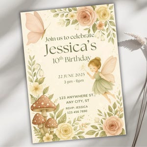 Convite de aniversário "Jardim de Fadas", modelo editável do Canva, cartão para festa floral na floresta, convite para meninas mágicas para impressão digital, download