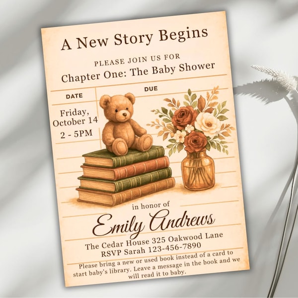 Faire-part de baby shower bibliothèque, invitation baby shower sur le thème du livre, modèle de toile modifiable Evite, baby shower du chapitre un, apporter une carte de livre