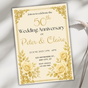 Elegante Goldhochzeit Jahrestag Einladung, 50. Party Canva Vorlage, bearbeitbare digitale Karte, Vintage Floral Gold Evite, Sofort Download
