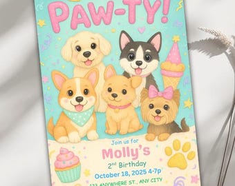 Dog Birthday Invitation, Editable Canva Template Evite, Puppy Party Invite Pet Pawty Card Girl Dog Theme Invite, Paw Print Digital Download