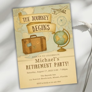 Invito per pensionamento in stile vintage, modello Canva modificabile, biglietto d'invito per la festa "L'avventura inizia", invito stampabile per pensionamento, download digitale