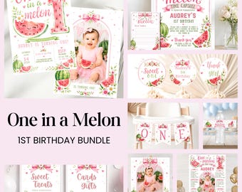 One in a Melon Birthday Bundle, Watermelon First Birthday Decorations, Sweet One Party Package, Editable Canva & Printable PDF Templates