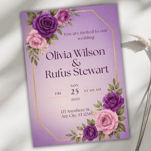 Purple Roses Wedding Invitation Editable, Boho Floral Canva Template Evite, Watercolor Wedding Card Instant Download, Printable Digital File