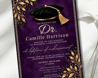 Doctorate Graduation Invitation, PhD Graduation Party Invite, Doctoral Graduation Invitation, Purple Gold Editable 5x7 Canva Template