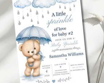 Baby Sprinkle Invitation, Sprinkle Baby Shower, 2nd Baby Shower Invitation, Boy Baby Sprinkle, Teddy Bear Umbrella, Editable 5x7 Canva