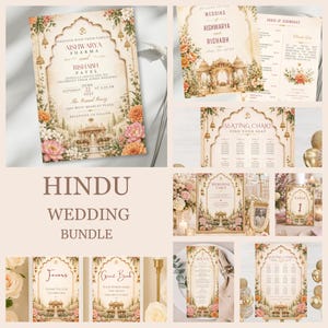 May include: A Hindu wedding stationery bundle featuring an ornate archway design with floral accents in pink and orange. The set includes an invitation, order of ceremonies, seating chart, memorial table sign, table number, favors sign, guest book sign, and menu.