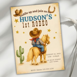 Eerste rodeo verjaardagsuitnodiging, cowboy 1e verjaardag sjabloon, Saddle Up and Ride uitnodigen, western thema, Boy's Rodeo Party afdrukbaar