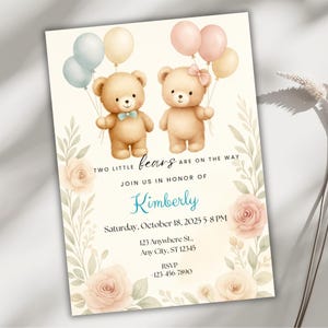 Tweeling babyshower uitnodiging, twee kleine beren canva sjabloon kaart Evite, bewerkbare jongen meisje beer uitnodigen, afdrukbare tweeling babyshower downloaden