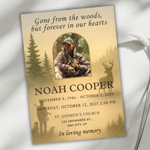 Peut inclure: Carte commémorative sépia avec le texte « Gone from the woods, but forever in our hearts ». Elle comprend une photo d'une personne, une silhouette de cerf et le nom « NOAH COOPER » avec des dates et des heures. Le bas se lit « In loving memory ».