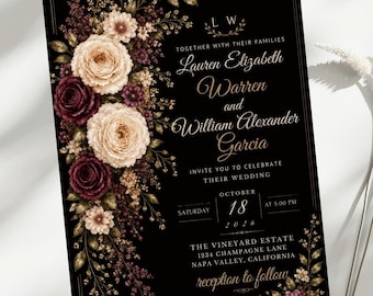 Black Wedding Invitation, Elegant Gold Wedding Invite, Luxury Floral Wedding Editable Canva 5x7 Template, Formal Black Tie Wedding