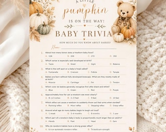 Printbaar quizspel voor een babyshower, printbare babyshowerspelletjes, Little Pumpkin babyshowerspel, herfstquiz voor baby's, inclusief antwoorden