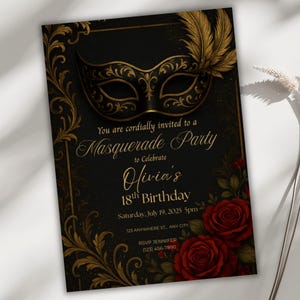 Maskerade editierbare Einladung, Elegante Schwarz & Gold Maske Geburtstag Party Vorlage, Phantom Ball Thema Evite, 5 x 7 printable, Instant Download