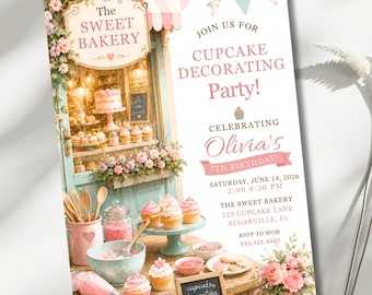 Cupcake Decorating Party Invitation, Baking Birthday Invite, Editable 5x7 Canva Template, Sweet Bakery Girls Birthday