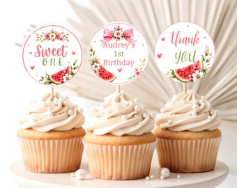 One in a Melon Cupcake Toppers, Watermelon First Birthday Stickers, Sweet One Party Circles, 2.5 Inch Printable Tags Editable Canva Template