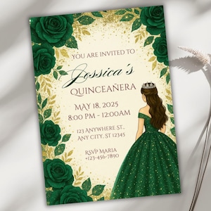 May include: A green and gold quincea&ntilde;era invitation with a floral border and a cartoon illustration of a girl in a green dress. The text reads "You are invited to Jossica's Quincea&ntilde;era, May 18, 2025, 8:00 PM - 12:00 AM, 123 Anywhere St., Any City, ST 12345, RSVP Maria +123-456-7890".