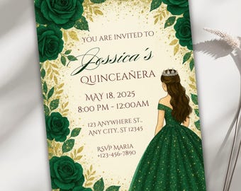 May include: Green and gold quinceañera invitation with a floral border and a cartoon illustration of a girl in a green dress. The text reads "You are invited to Jossica's Quinceañera, May 18, 2025, 8:00 PM - 12:00 AM, 123 Anywhere St., Any City, ST 12345, RSVP Maria +123-456-7890".