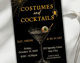 Kostüme und Cocktails Einladung, Halloween Party einladen, bearbeitbare Canva Vorlage Evite, Erwachsene Halloween, Boos und Booze, Gruselige Soirée