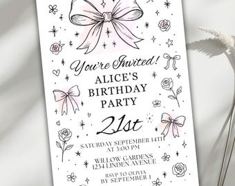 Invitación de cumpleaños coqueta, plantilla de Canva con lazo, invitación para el 21.º cumpleaños, tarjeta editable para fiesta femenina, invitación con estilo boceto femenino