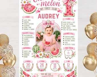 One in a Melon Milestone Poster, Watermelon 1st Birthday Poster, Watermelon 24x36 Baby Editable Canva Template, Girl 1st Birthday Decor