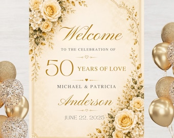 50th Wedding Anniversary Welcome Sign Template, Gold Anniversary Welcome Sign, Editable Canva Sign, 18x24 Printable Party Decor