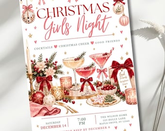 Girls Night Party Invitation, Christmas Girls Night Invite, Holiday Cocktail Party, Editable Canva Template