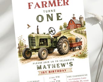 May include: A birthday invitation card featuring a green tractor, a red barn, and a small wagon with hay. The text reads: Our Little Farmer Turns One, Please Join Us To Celebrate Mathew's 1st Birthday, Saturday May 24th, 2026, 2:00 PM to 4:00 PM, The Farmhouse, 123 Country Lane, Springfield, FL 12345, RSVP Amelia at 123-456-7890.