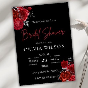 Invitación para despedida de soltera, plantilla floral editable en Canva, invitación de novia moderna en rojo, descarga digital, diseño de rosas personalizable e imprimible.