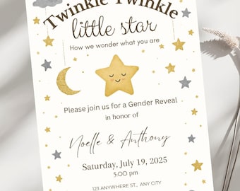 Może przedstawiać: Zaproszenie na ujawnienie płci z motywem złotej gwiazdy i półksiężyca. Tekst brzmi "Twinkle Twinkle little star How we wonder what you are" i "Please join us for a Gender Reveal in honour of Noelle & Anthony Saturday, July 19, 2025 5:00 pm 123 ANYWHERE ST., ANY CITY RSVP JENNIFER (123) 456-7890".