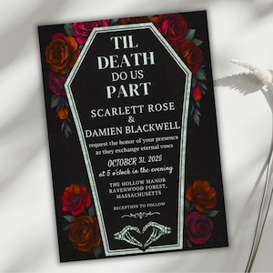 Til Death Do Us Part Wedding Invitation, Gothic Halloween Wedding Invite, Skeleton Hands Red Roses, Editable Canva Template Evite