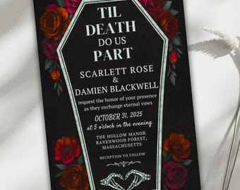 Invitación de boda "Hasta que la muerte nos separe", invitación de boda gótica de Halloween, rosas rojas con manos de esqueleto, plantilla editable de Canva para Evite.