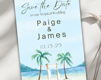 Beach Save the Date Digital Canva Template, Editable Wedding Invitation for Tropical Destinations, Instant Download, Printable Evite