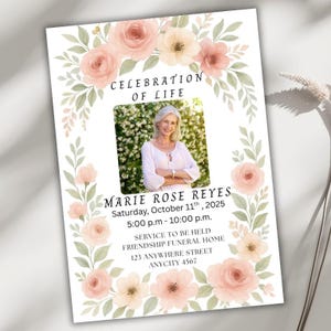 Floral Celebration of Life Invitation Canva Template, Editable Memorial Service Invite, Instant Download Printable Funeral Announcement