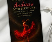 Flamenco Birthday Invitation, Spanish Dance Party Invite, Elegant Red Dress Milestone Celebration, Gold Black Adult Birthday Card