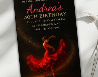 Flamenco Birthday Invitation, Spanish Dance Party Invite, Elegant Red Dress Milestone Celebration, Gold Black Adult Birthday Card